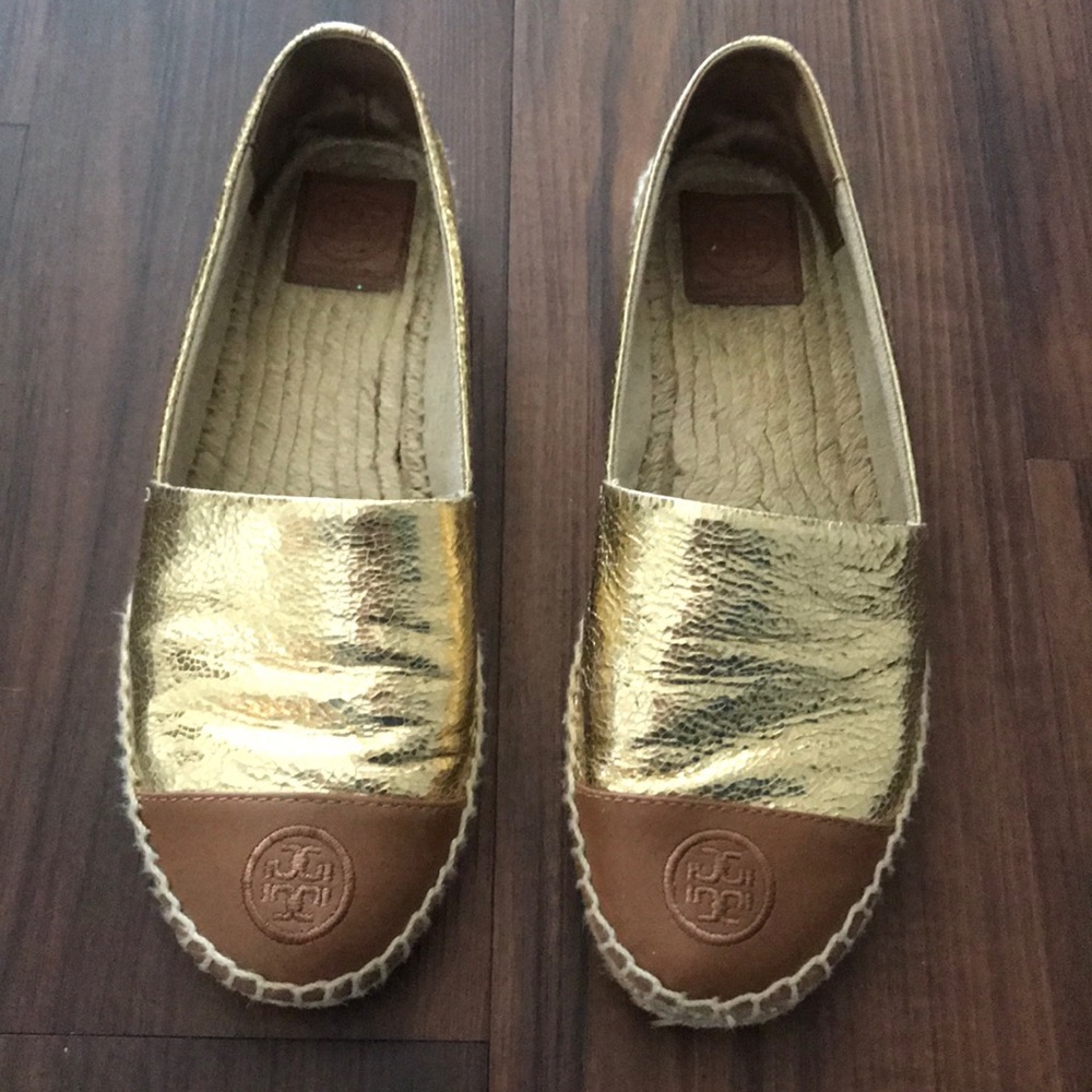 Gold and tan Tory Burch espadrilles